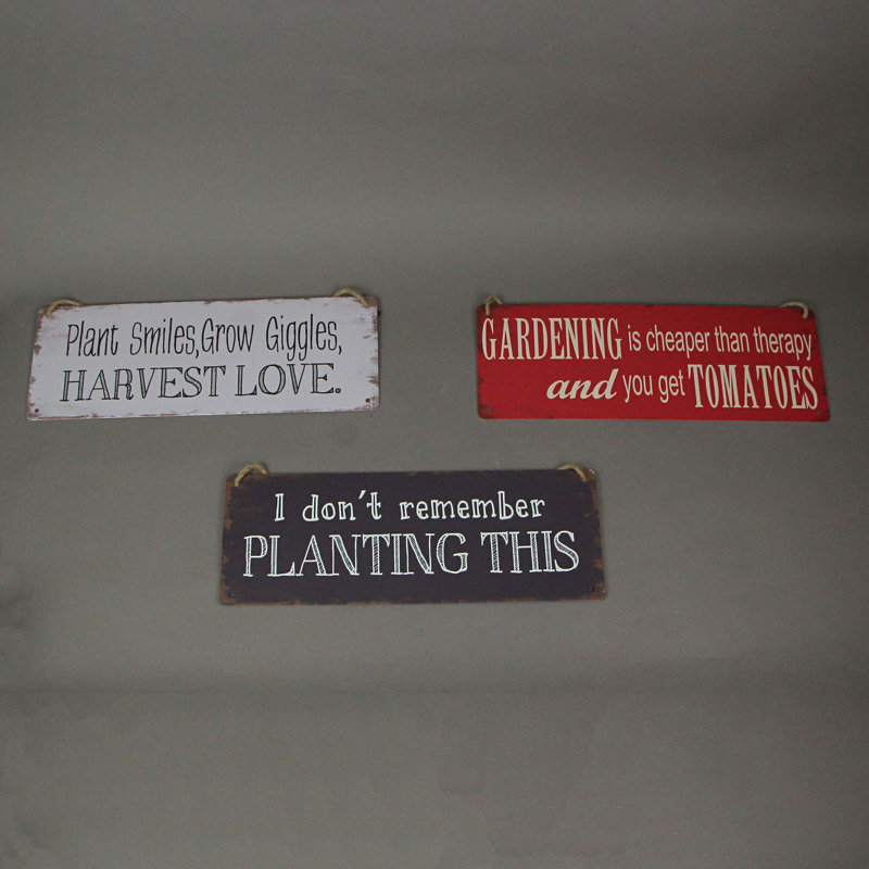 Rustic set of 3 red, black and white metal hanging garden signs with whimsical quotes — 15.75" W x 0.25" D x 5.75" H each
