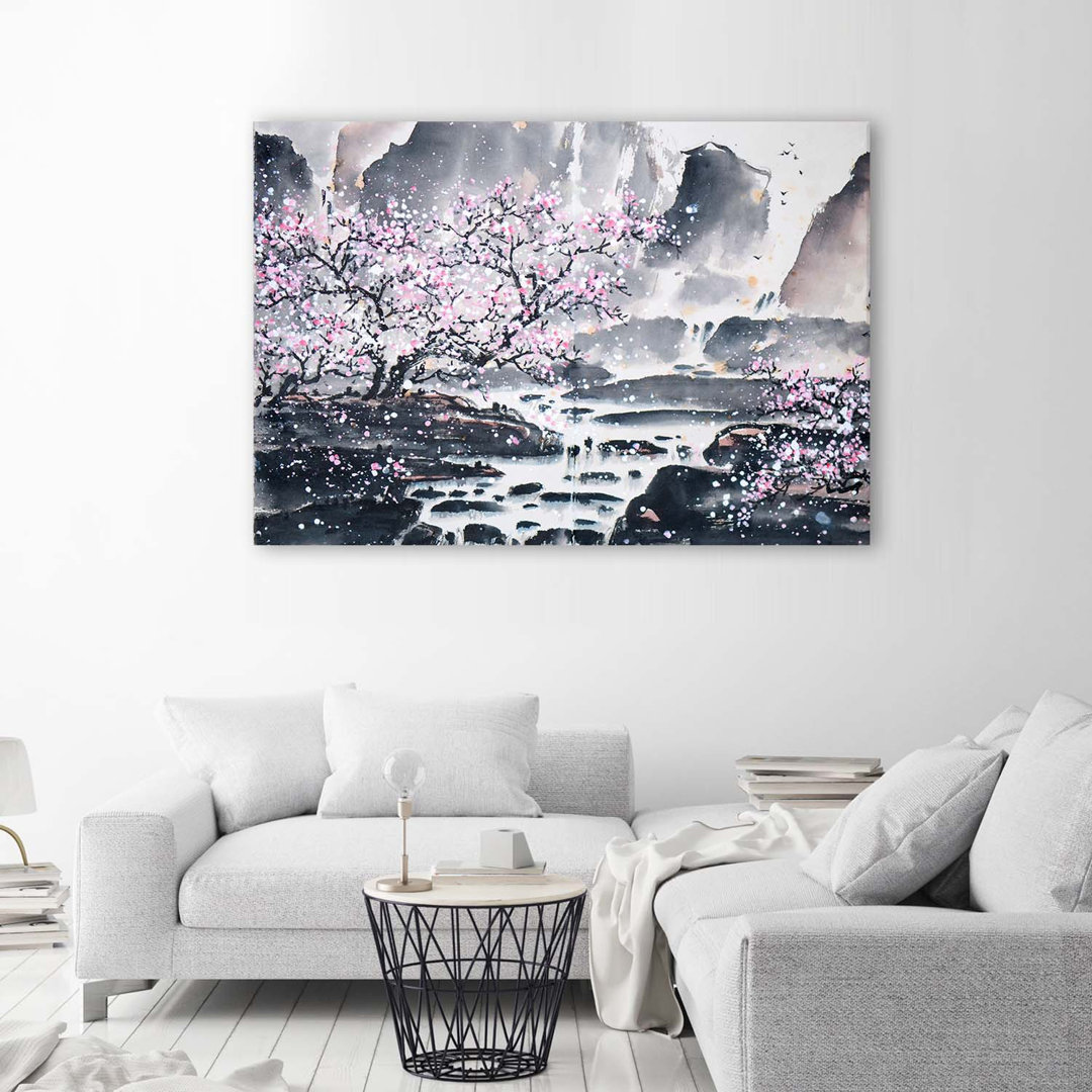 Leinwandbild Japanische Landschaft Aquarell