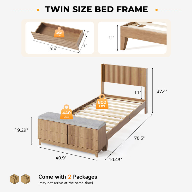 Twin Natural Oak Wood Bed Frame With Built-In Footboard Storage Bench,4 Drawers,Headboard,Heavy Duty,No Box Spring Needed,Mid-Century Modern Style