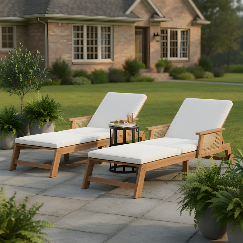 Jans Patio 3-Piece Acacia Wood Sunlounge With Wicker Panels & Ceramic Tile Side Table Set, 2
