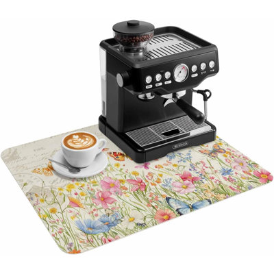 Tapis de café, sous-tapis pour cafetière, motif papillon printanier aquarelle florale, absorbant et antidérapant, accessoire de bar à café, tapis d'égouttage pour comptoir de cuisine, motif plante verte rétro, 51 x 81 cm