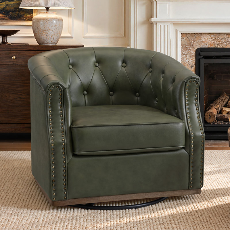 Chaise pivotante en cuir véritable avec garniture cloutée, Fern Green, Grey Wood