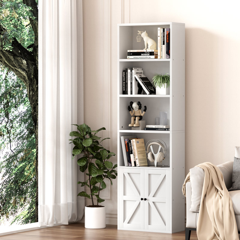 Aleysha Tall Bookshelf with Doors, Storage Bookcase, Free Standing Display Shelf, White