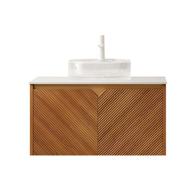 Meuble-lavabo de 30 po avec lavabo, armoire de rangement flottante en contreplaqué, portes doubles en sergé avec garniture en métal, vasque ronde en verre transparent et plateau en pierre frittée Carrara