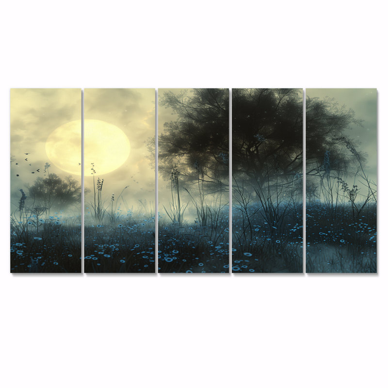 Hiver gris, blanc, clair de lune, arbre II - ensemble d'art sur toile fées, H 32 po x l 80 po