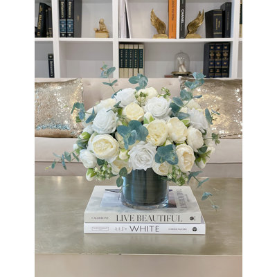 Grand centre de table pivoine rose et soie 17 pouces avec véritable eucalyptus dans un vase en verre transparent, arrangement floral de campagne française pour table de salle à manger et décoration de mariage