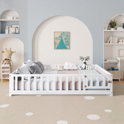 Full Size Floor Platform Bed With Fence And Door For Kids, Montessori Floor Bed Frame With Support Slats For Toddlers, Wooden Floor Bed