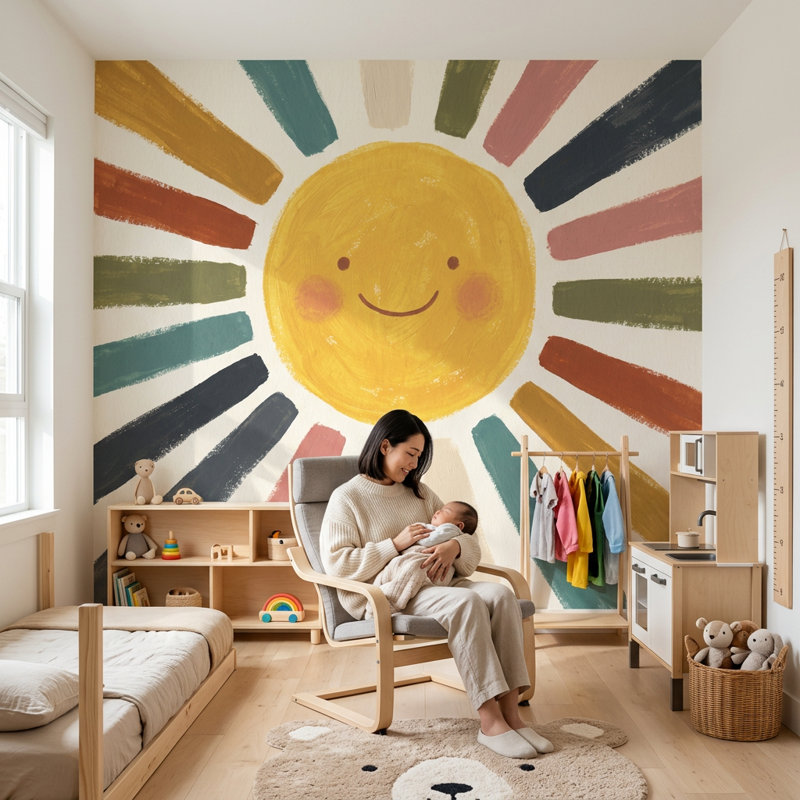 Papier peint souriant rayons du soleil, étoiles peintes à la main, 120 po x 96 po, Peler et coller