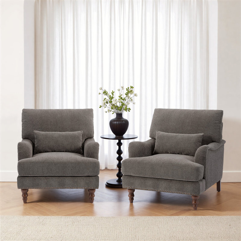 Upholstered Tan Nailhead Trim Accent Chair with Throw Pillow and Solid Wood Legs (Set of 2), Tan Chenille