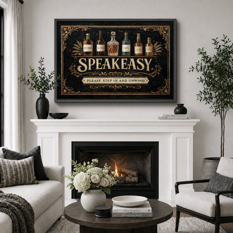 «Speakeasy Vintage Bottle Bar», impression sur toile encadrée, impression sur toile, H 16 po x l 24 po x P 1,5 po, Cadre noir