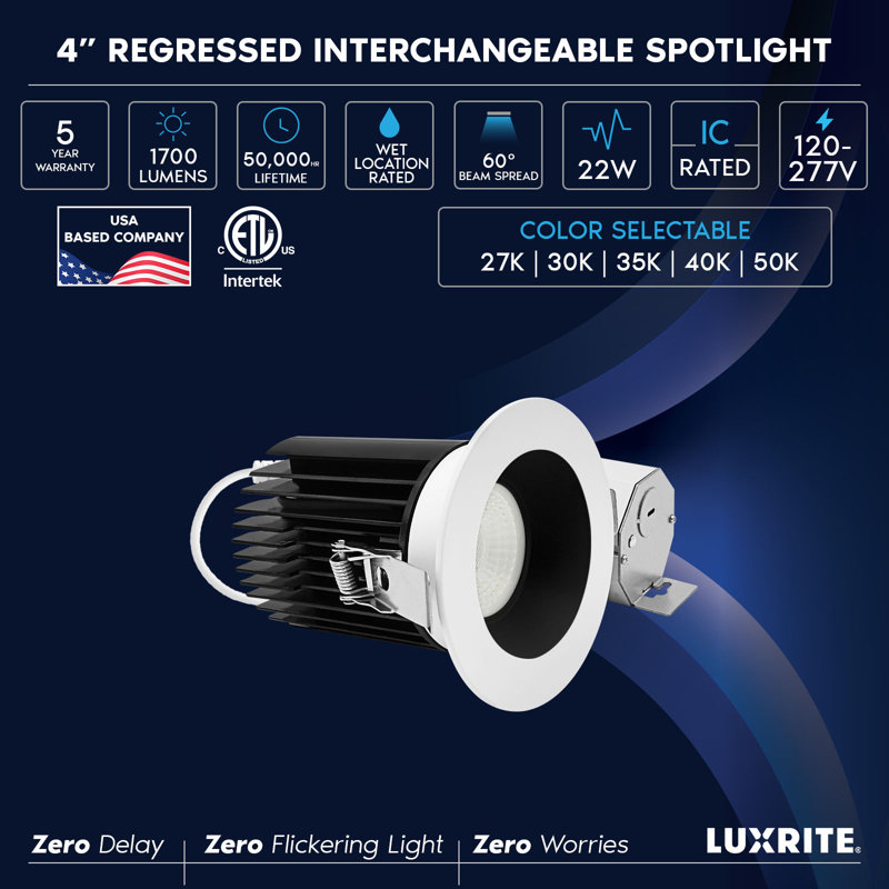 Luminaire encastré à DEL 4 "LUXRITE, encastré rond noir et blanc interchangeable à intensité variable et 5 W, encastré rond, noir et blanc