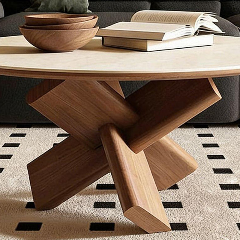 Image de couleur pierre et table basse ronde en bois massif, H 15,75 po x l 31,5 po x P 31,5 po