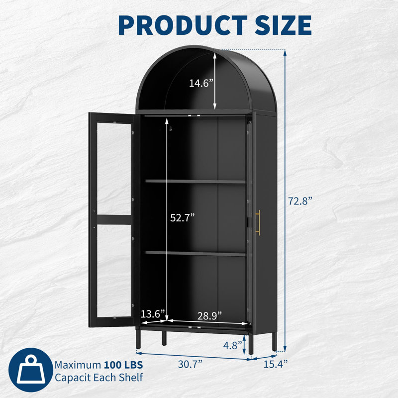 Armoire 73 po en métal avec portes en verre avec tablettes réglables, Noir