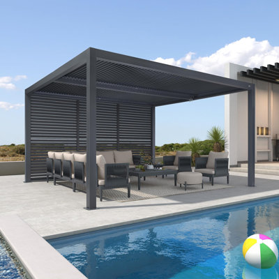 Pergola en aluminium mauve à persiennes mauve à motif de persiennes 94a avec toit à rideau ajustable pour terrasse et abri de jardin à toit rigide gris, 1 côté long