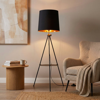 Modern Tripod Floor Lamp with Shelves, Black Standing Shelf Lamp with Fabric Shade and Foot Switch for Living Room, Bedroom and Apartment