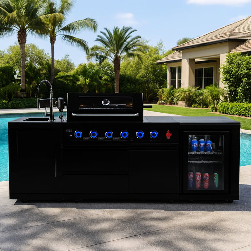Barbecue au gaz noir à quatre brûleurs, fabrication en acier inoxydable, chaleur constante et intégration de cuisine extérieure sans couture avec corps, cuisson polyvalente, fabrication pour