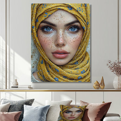 Musulman aux yeux bleus avec foulard à tête jaune - femme arabe, reproduction d'art