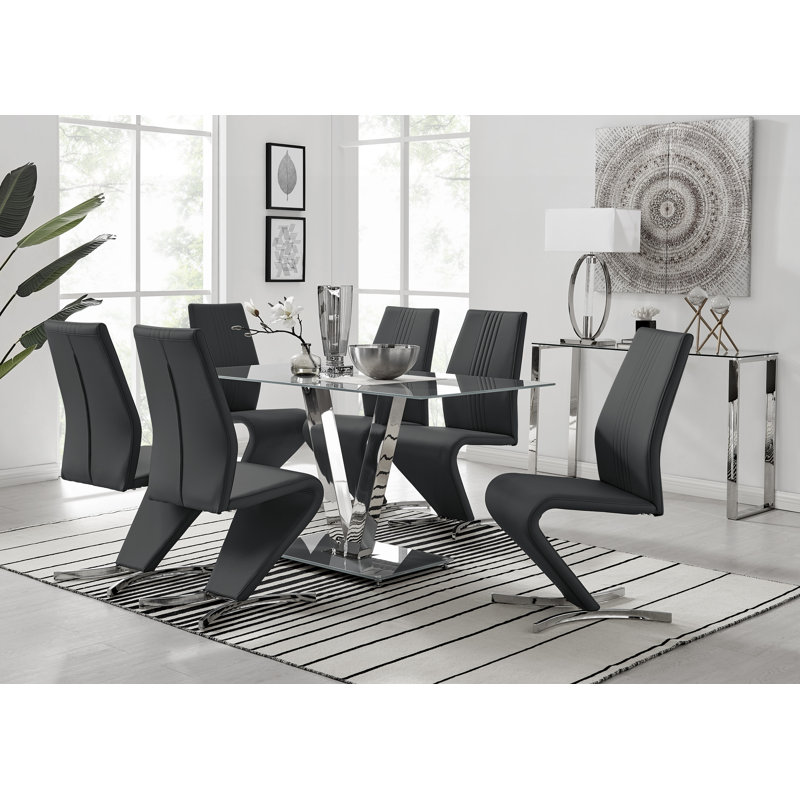Ransart Modern Luxury Glass & Metal Dining Table Set With 6 Modern Design Faux Leather Dining Chairs, Black
