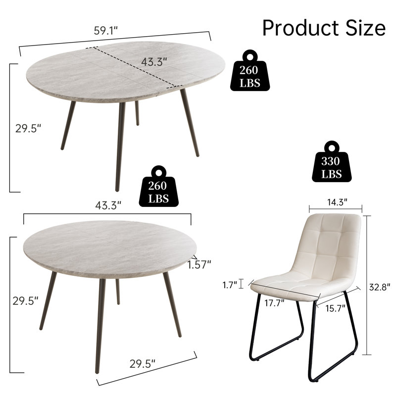 Ensemble de salle à manger de cuisine, table de salle à manger extensible avec chaises rembourrées, Beige, Gris