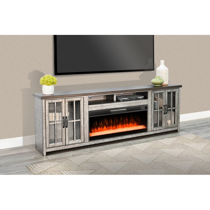 Crédence de rangement de 79 po de largeur avec foyer électrique inclus, Brun / gris