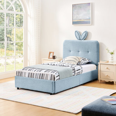 Lit simple avec revêtement Boucle, tête de lit surdimensionnée et 4 compartiments de rangement pour le matériau de revêtement de la chambre à coucher, conception à DEL