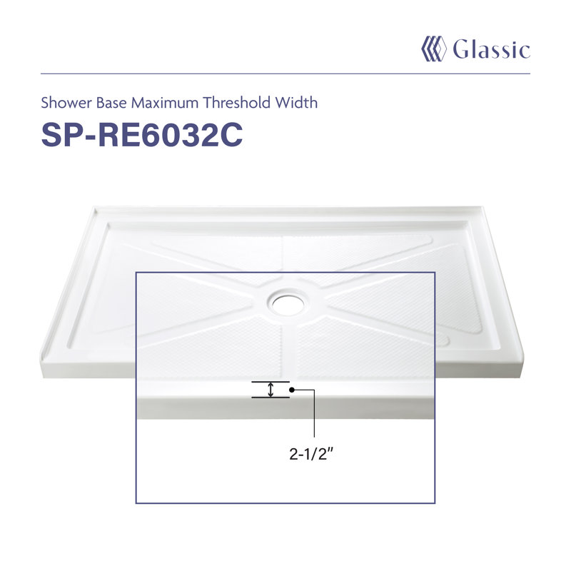 60"W X 32"L X 3.5"H Rectangular Center Drain Acrylic Shower Base |  Low Profile | Non-Slip Design | White Color For Modern Bathrooms