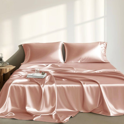 Twin Blush Satin Sheet - 4 Pcs, Luxury, Wrinkle , Smooth And Silky, Reduces Breakage, , 1 Flat Sheet, Fitted Pillowcases Piece Soft On Hair, Fits 16" Mattresses,