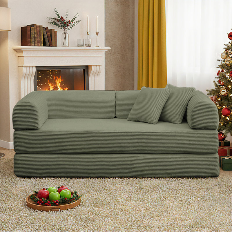 63" Compression Convertible Sleeper Futon Sofa Bed, 4-in-1 Corduroy Upholstered Floor Couch with 2 Pillows, No Assembly Required