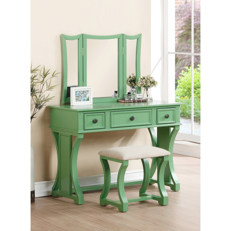 Meuble-lavabo de chambre à coucher en pomme, miroir pliable, tabouret rembourré, bois rustique, pin