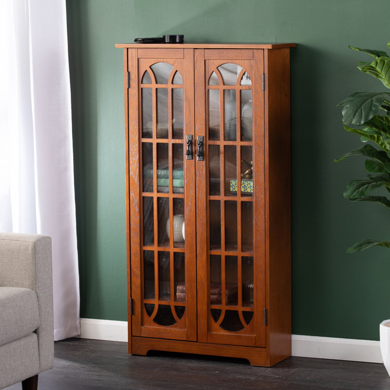 Armoire multimédia à panneau de fenêtre noire, Chêne