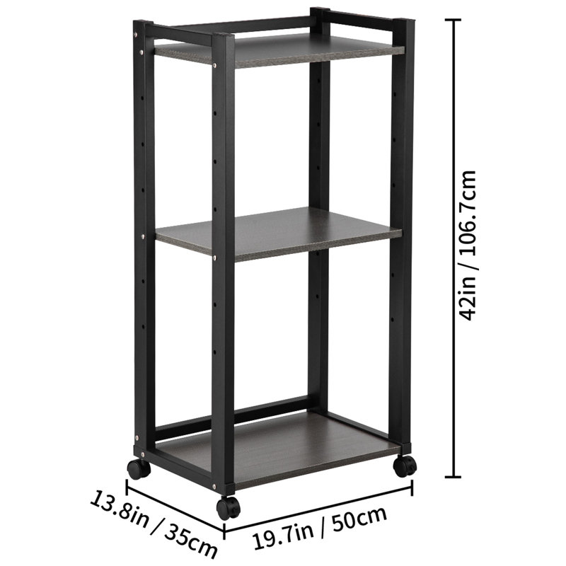 Black 3-Tier Rolling Printer Stand with Adjustable Storage Shelves