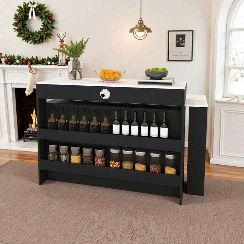 47-Inch Expandable Rotating Kitchen Island With 4 Drawers, Glass Door Cabinets And Built-In Outlet, Black
