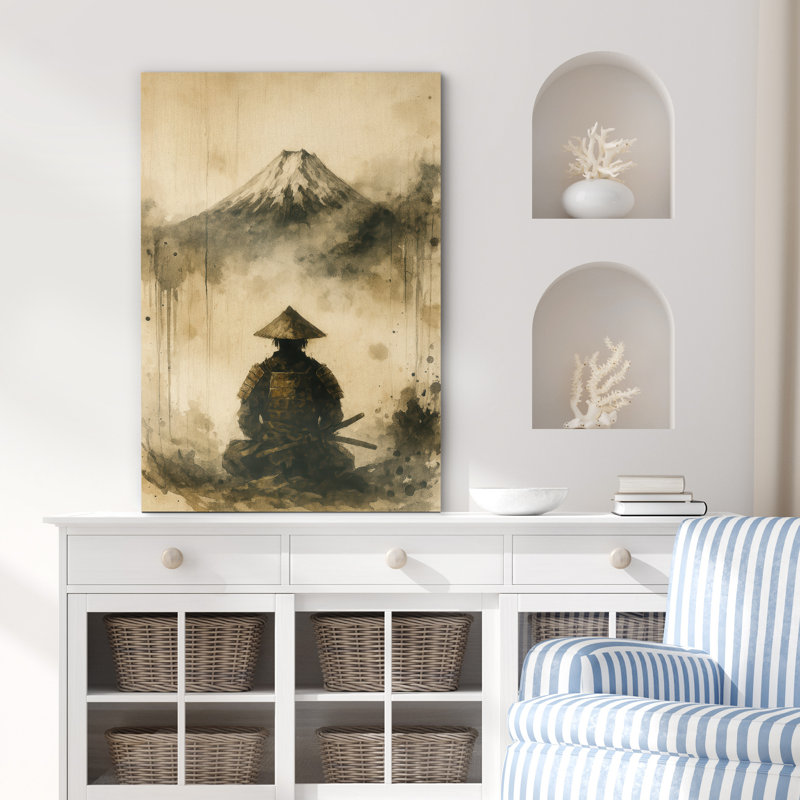 «Samurai with Mount Fuji Art», reproduction d'art sur toile encadrée, H 36 po x l 24 po x P 1,5 po, Toile tendue