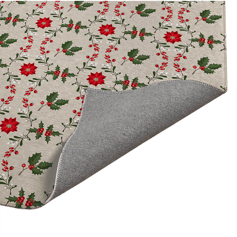 Botanical Poinsettia Low Profile Kitchen Mat, Ivory, Rectangle 5' x 3'