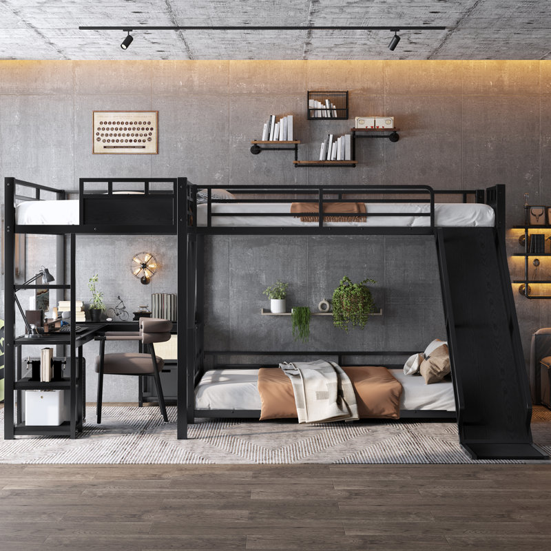 Twin/Full--Twin L-Shaped Metal Triple Bunk Bed with Loft, Desk, Storage & USB, Black, Twin