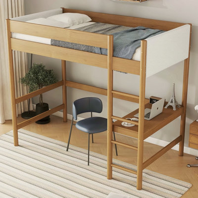 Lit mezzanine simple avec bureau, cadre de lit mezzanine rembourré avec échelle, barrières de sécurité, bois d'hévéa, tête et pied de lit en tissu molletonné