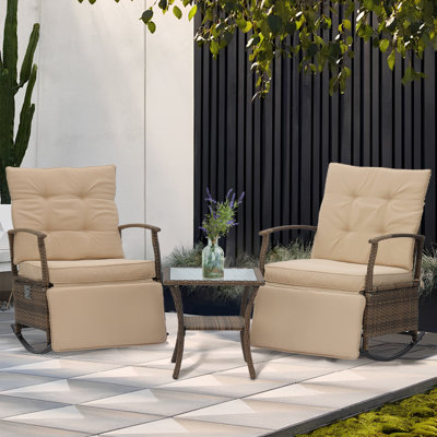 3 Piece Wicker Rattan Outdoor Rocker Chair Set With Side Table,Rocking Seating Group With Cushions -  Winston Porter, D209E7A3490648C8A114B4CD37E7C530