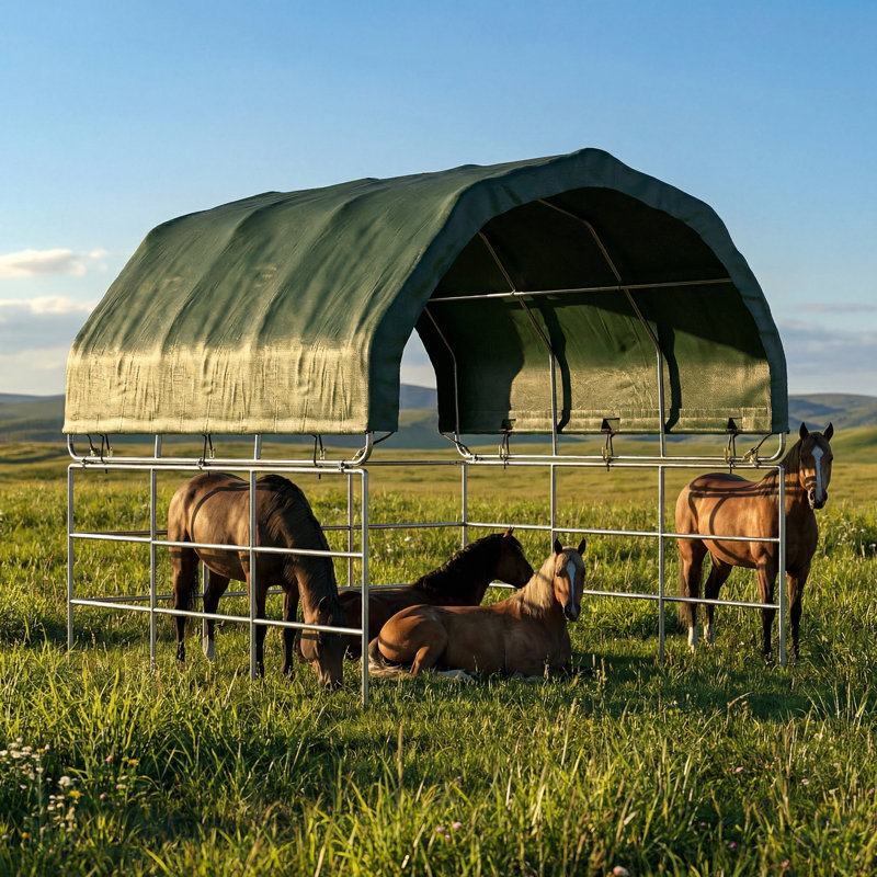 12' X 12' Livestock Shelter With Waterproof Cover UV Resistant Steel Frame For Horses Goats, Green