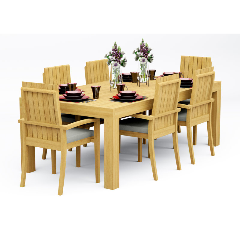6 Seats 7 Pcs Grade-A Teak Wood Dining Set: 86" Canberra Rectangle Table And 6 Goa Stackng Arm Chairs #11GO1906, 6