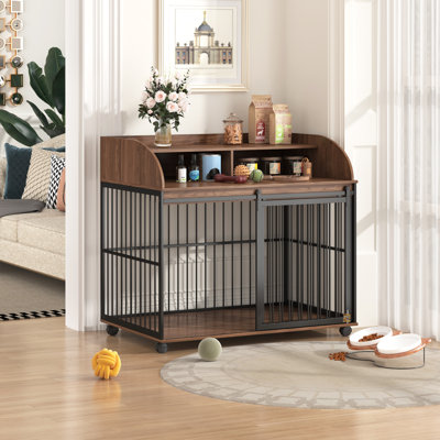 44 Inch Heavy Duty Furniture Style Dog Crate with Sliding Door Lockable Wheels and Double Layer Storage Brown