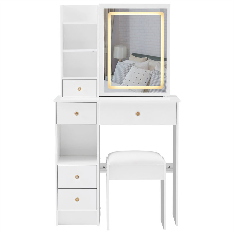 Petit meuble-lavabo de 29,2 po avec tabouret de bureau et tabouret rembourré à gauche 29,5 po, grande commande tactile, interrupteur tricolore, miroir à luminosité réglable, rangement à grande capacité, convient aux petits espaces