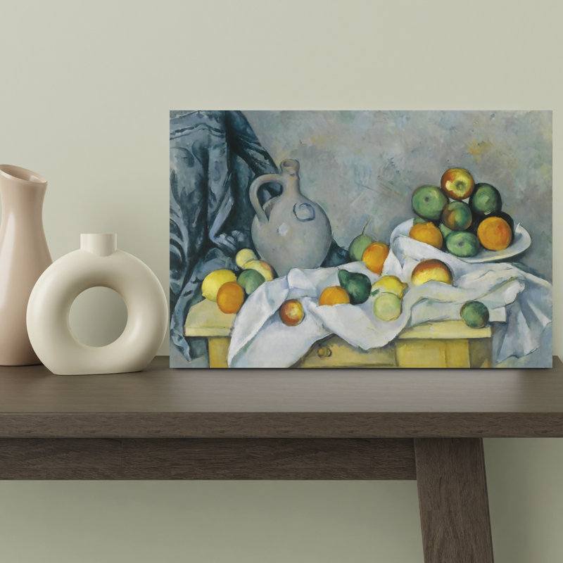 Rideau, cruche et bol de fruits, C., H 12 po x l 18 po