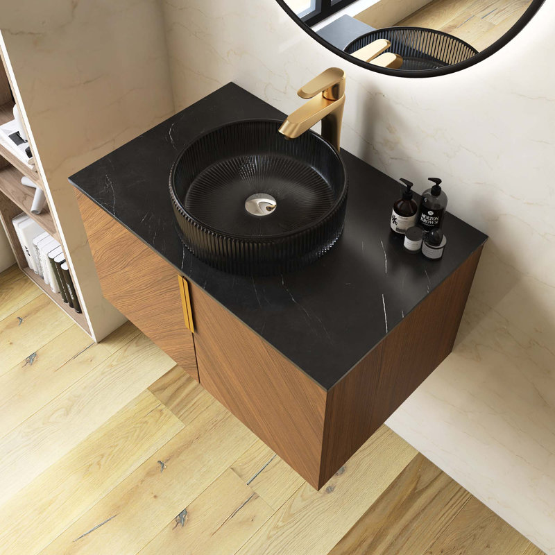 Meuble-lavabo mural en contreplaqué avec comptoir en pierre frittée noire et lavabo et portes ronds en céramique, couleur grain de bois chêne brun