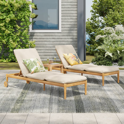 Riviera Outdoor Chaise Lounge With Wheels, Acacia Wood Frame(Set Of 2)