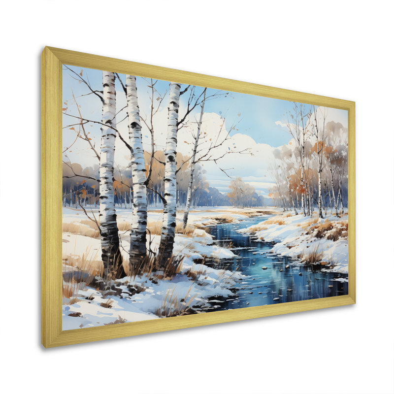 Birch Woods Winter Whispers IV - arbre, art mural Birch, Cadre doré simple, H 30 po x l 40 po x P 1,5 po