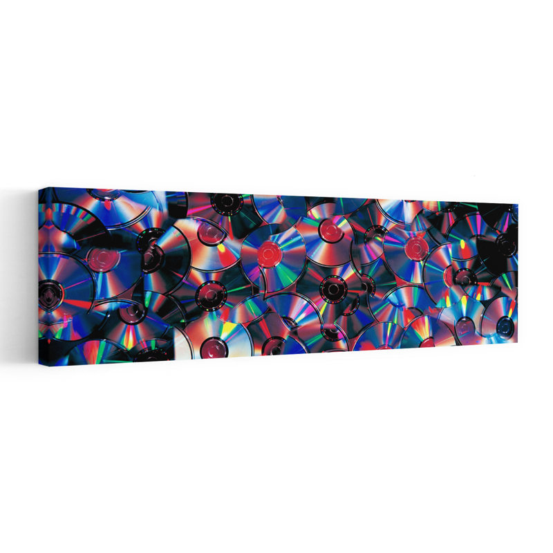 «Compact Discs», art abstrait contemporain coloré, H 20 po x l 60 po