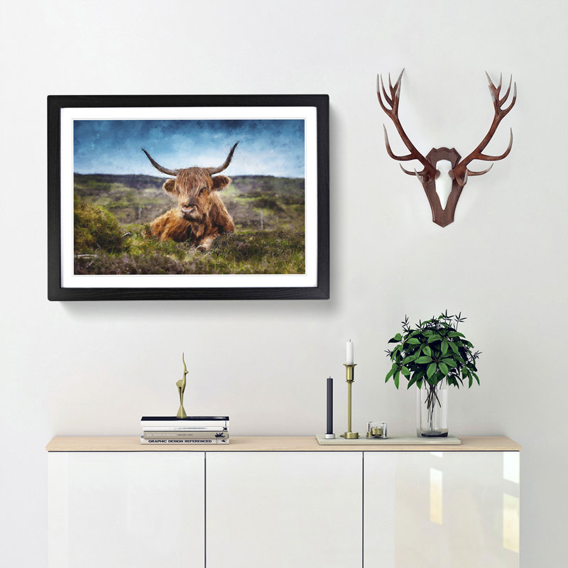 A Resting Highland Cow - Single Picture Frame Painting on MDF, 62cm H x 87cm W x 2cm D, Black