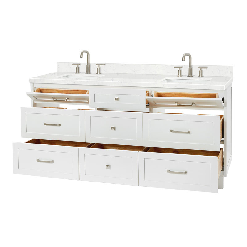 Meuble-lavabo double 72 po ARIEL Monroe avec plateau en quartz de Carrare, Blanc, 72" - 73", Carrara White Quartz