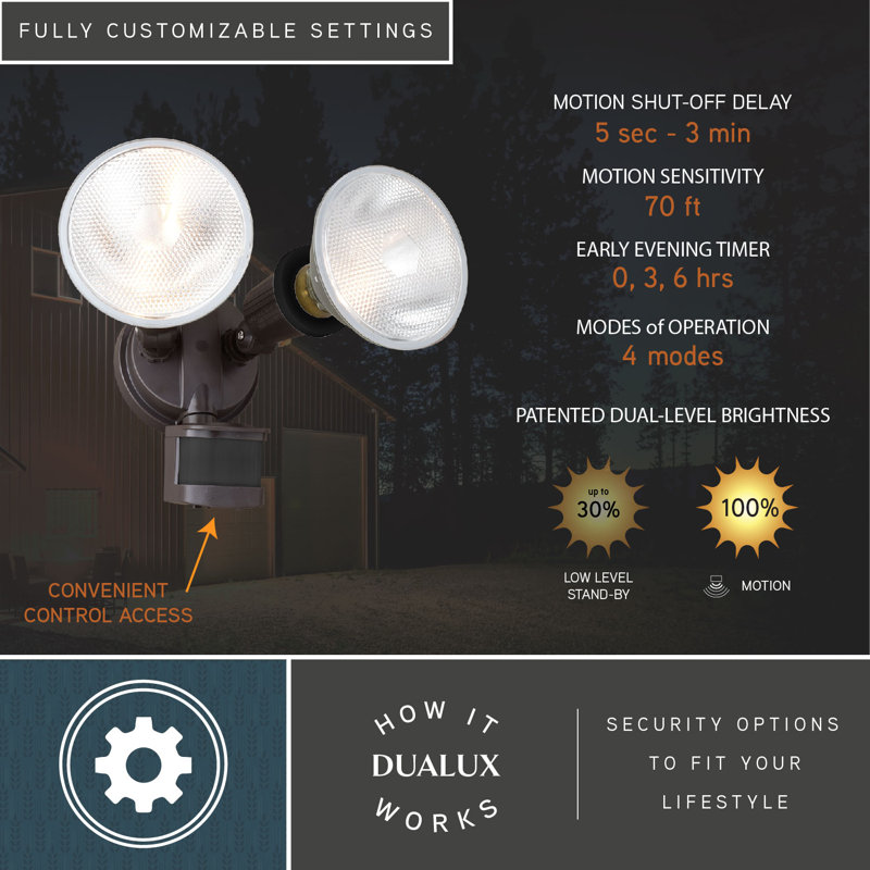 Outdoor Security 2 - Head Hardwired Dusk to Dawn Outdoor Security Flood Light with Motion Sensor and Timer, Brown