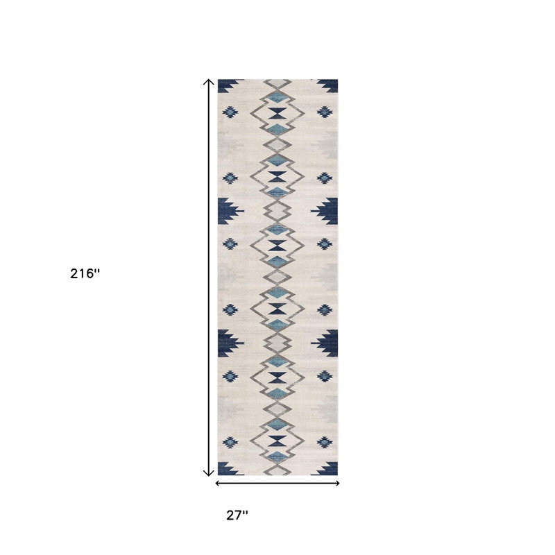 18' Blue And Beige Abstract Runner Rug